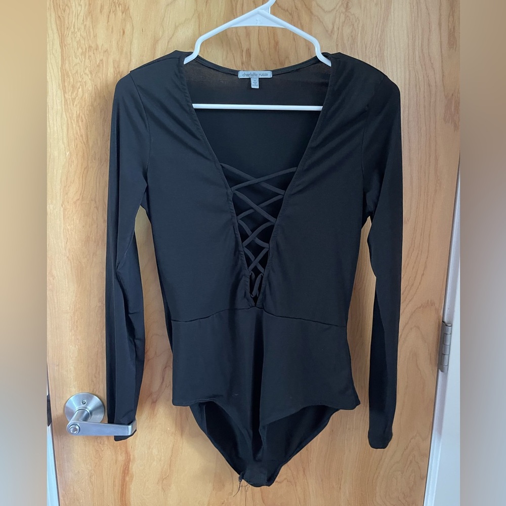 Black low cut long sleeve body suit